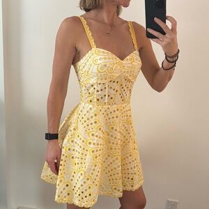 🎁 Charo Ruiz yellow white lace eyelet cotton summer cocktail mini sexy dress S